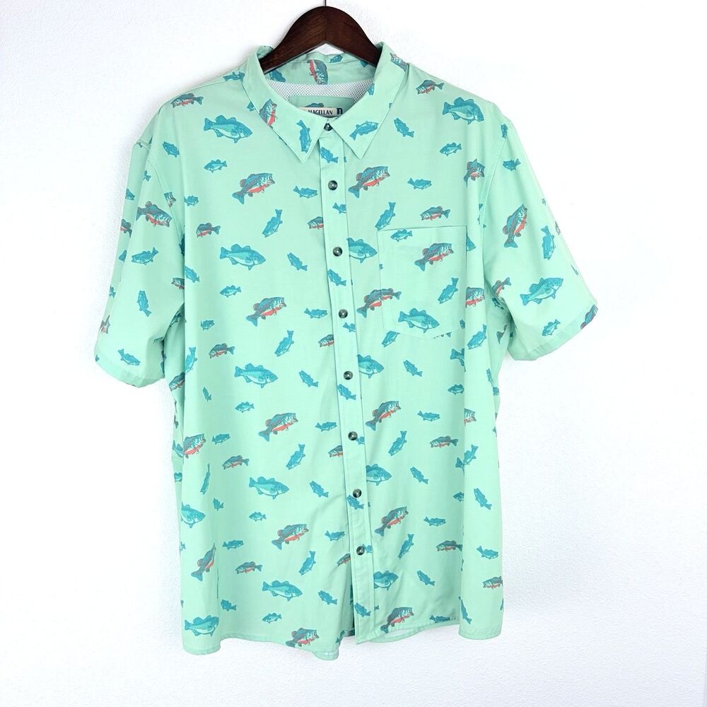 Magellan Shore & Line Fish Print Shirt Mens 2XL Mint SS Fishing Vented
